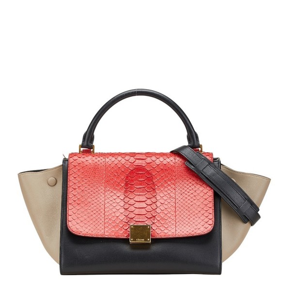 Celine Trapeze Python Bag Beige Black Red Shoulder Leather - Picture 1 of 8